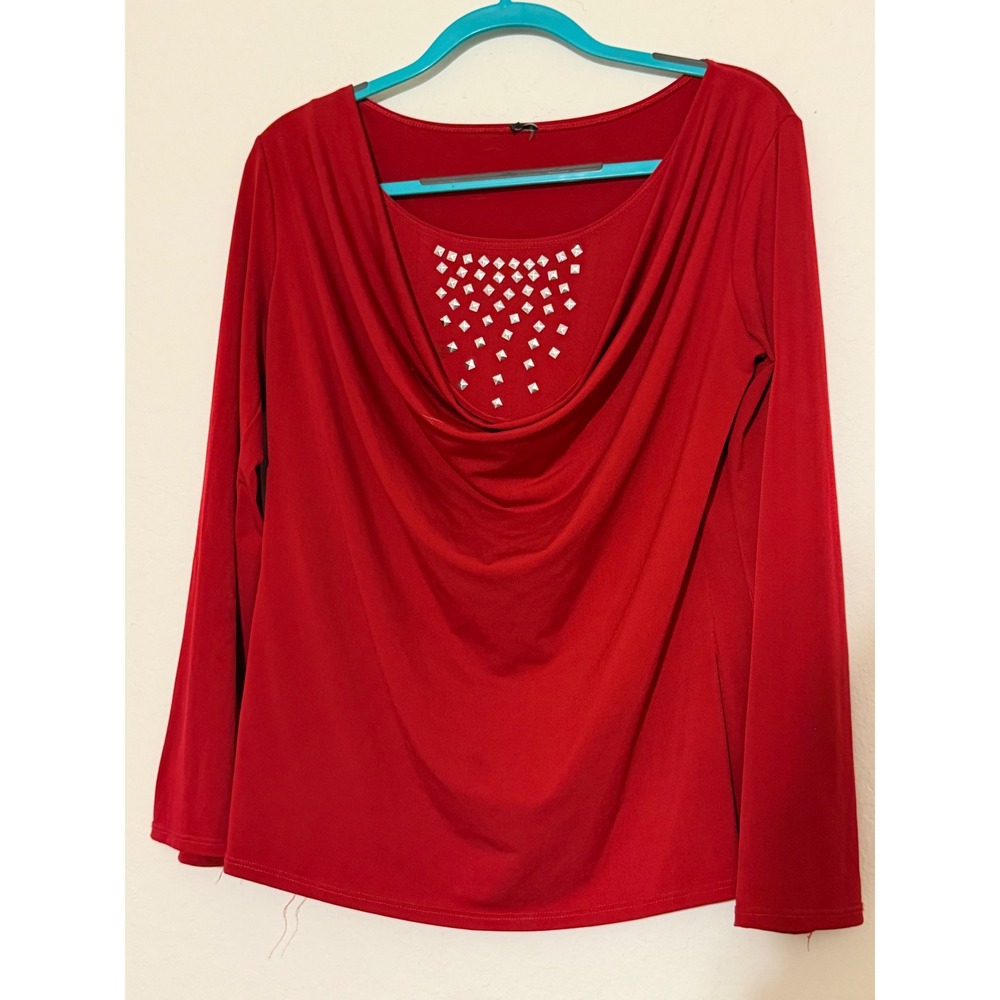 Red Cowl Neck Long Sleeve Top Silver Studded Embellished Draped Blouse